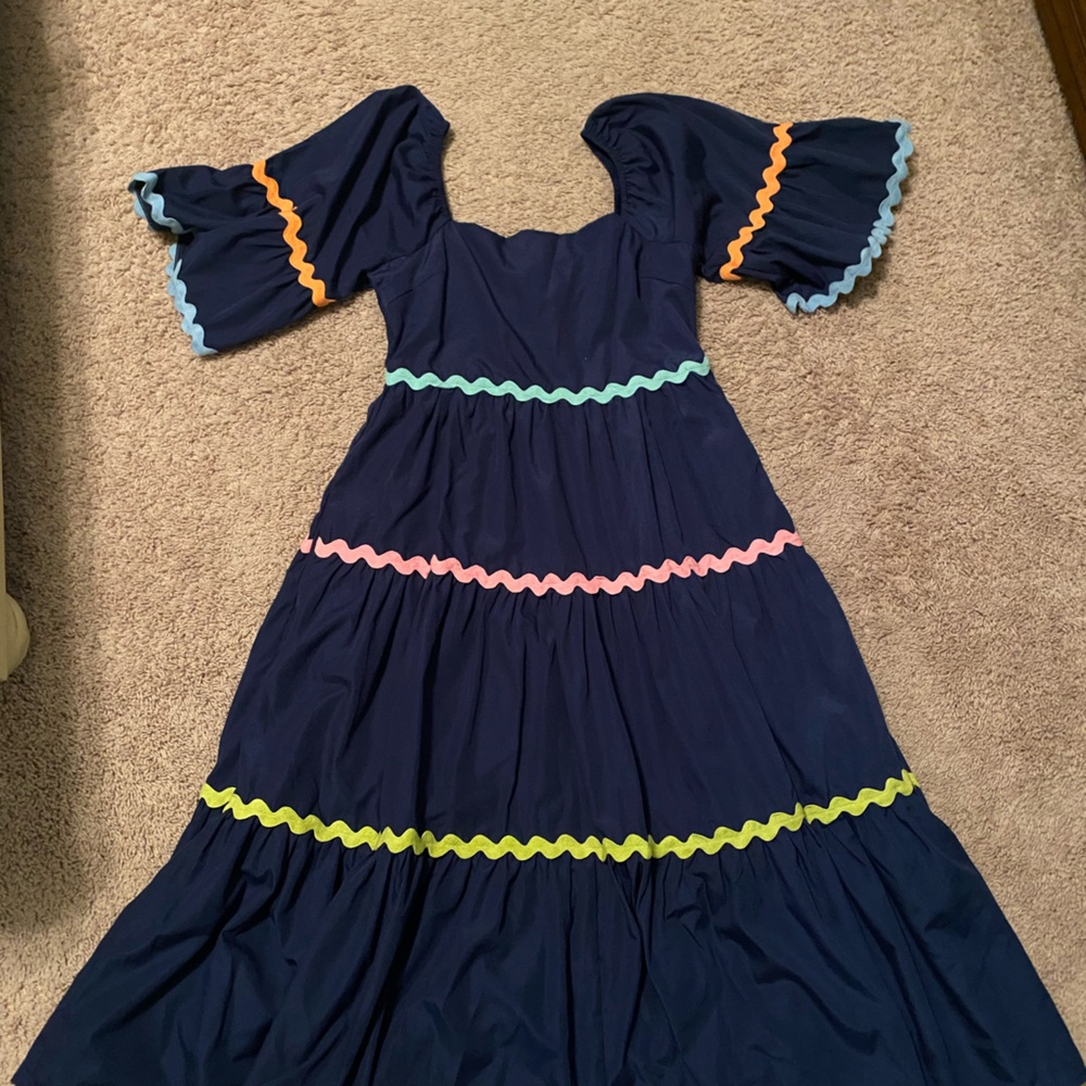 entro Navy Maxi Dress with Multicolor Rickrack Trim - Picture 2 of 3